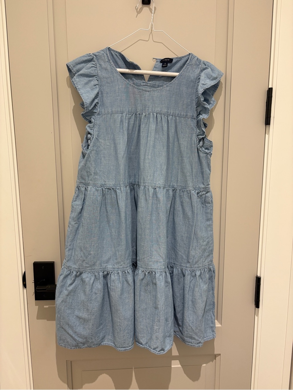 J. Crew Light Blue Chambray Tiered Ruffle Sleeve Dress Size 10